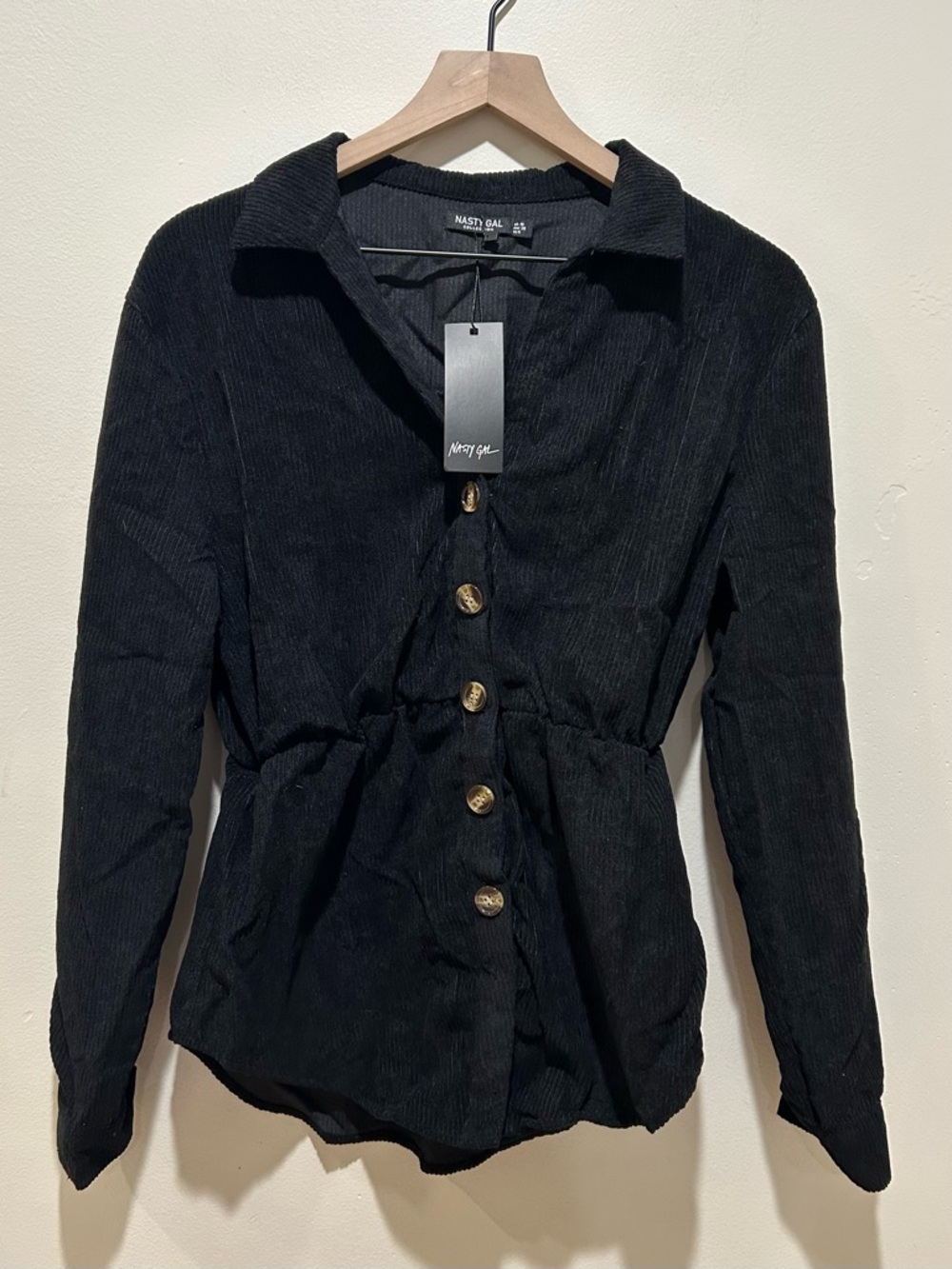 NWT Nasty Gal Black Corduroy Cinched Waist Longline Shirt - Women’s Size 6